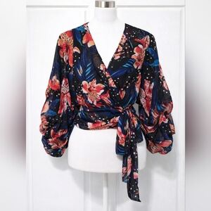 Live 4 Truth Sheer Hibiscus Floral Tie Wrap Blouse Puff Sleeve Boho Multicolor
